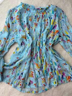 APNY Ruched Lightweight Smocked Light Blue Abstract Multicolor Peasant Blouse